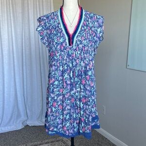 Poupette St Barth Blue Printed Viscose Tunic Mini Dress with Fringe Trim Size S